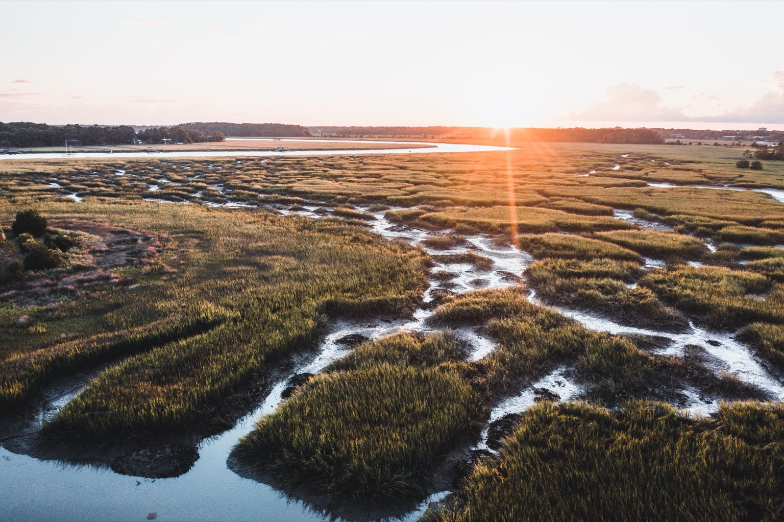An aerial view of salt marsh creeks at sunset.